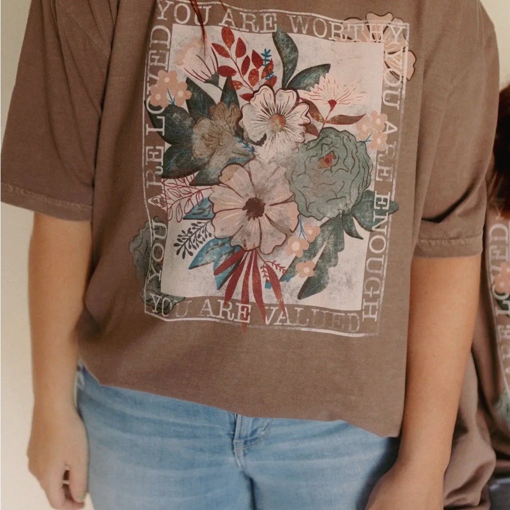 Floral Graphic comfort colors T-Shirt in Brown “you are worthy….”